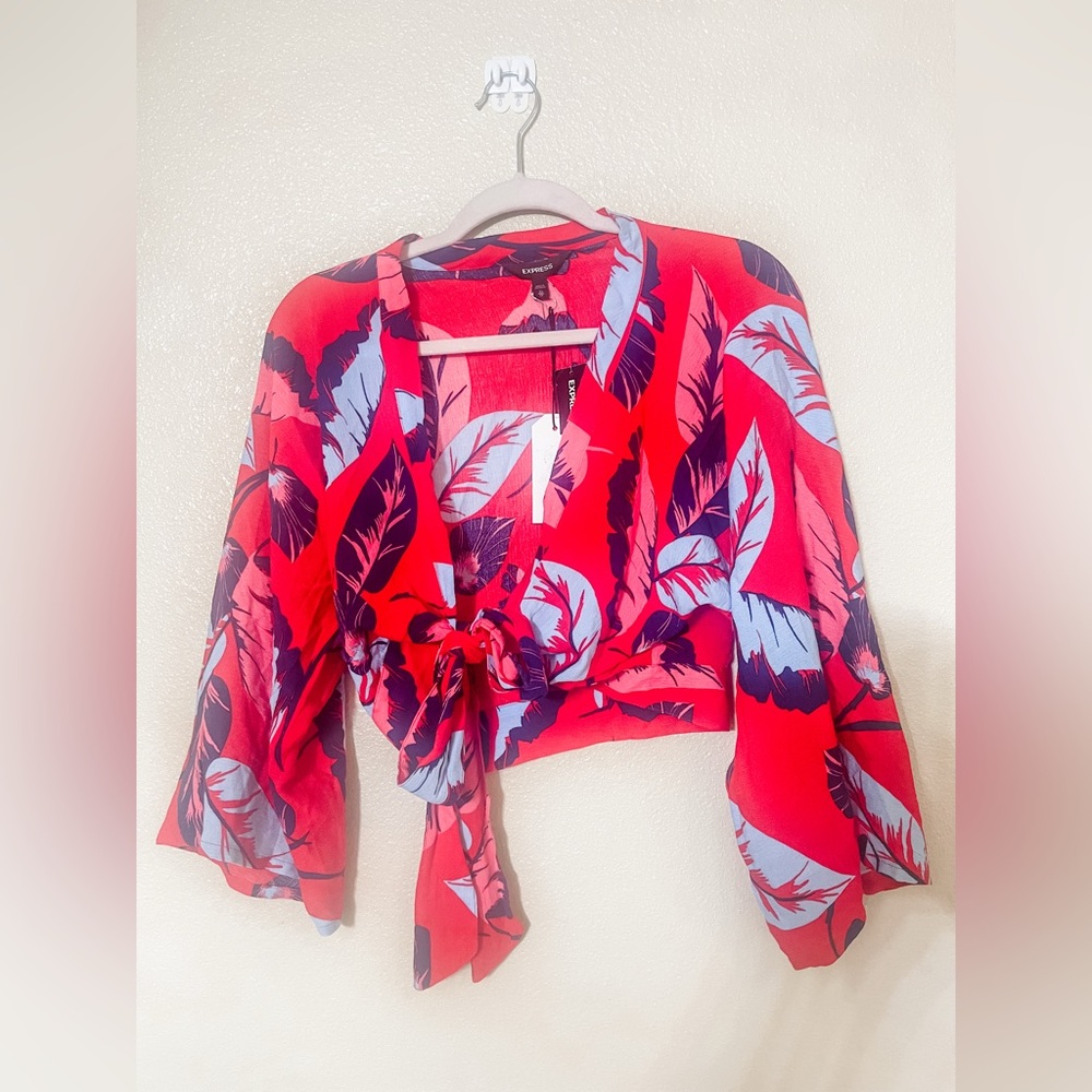 Express Red 3/4 Sleeve Tie Front Blouse